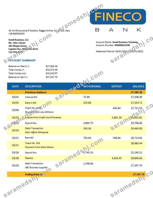 Finecobank company account statement Word and PDF template